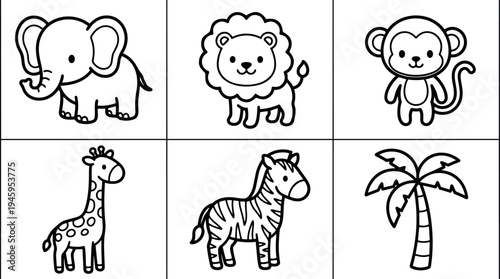 Cute black and white cartoon style elephant lion monkey giraffe zebra and palm tree simple line art vector icons