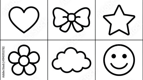 Minimalist black outline icons set including heart flower bow star cloud and smiley face in simple vector design
