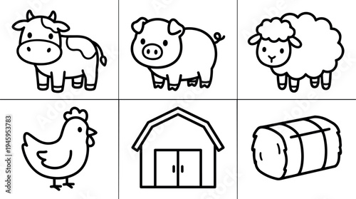 Black and white line art cute farm animals cow pig sheep chicken with barn and hay bale simple vector design