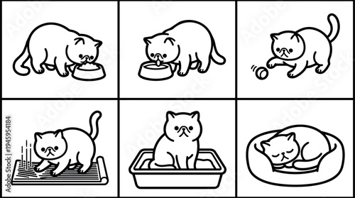 Minimalist line art cat eating drinking playing scratching sitting and sleeping in simple home environment vector set