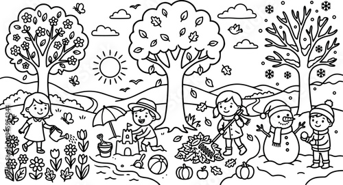 Seasonal children activities spanning spring summer autumn and winter seasons with garden watering sandcastle building leaf raking and snowman making