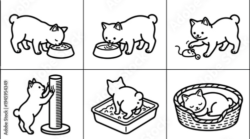 Black and white line art playful kitten eating drinking playing scratching using litter box and sleeping in basket set