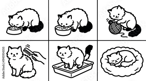 Black and white vector art of fluffy cat eating drinking playing combing grooming in litter cozy bed sleeping