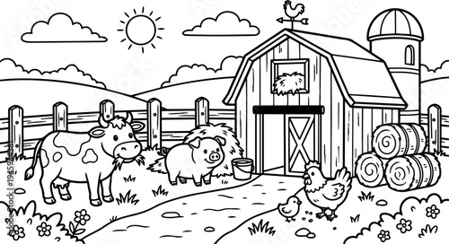 Black and white line art farm scene with barn cow pig chickens hay bales wooden fence and sun in clear sky landscape