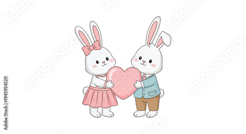Charming vector illustration of two adorable white cartoon rabbits sharing a large pink heart together