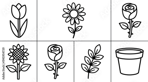Black line art vector icons of tulip sunflower rose flower branch and flower pot simple outline garden decoration elements