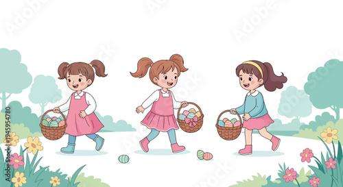 Three cheerful vector girls having fun on an outdoor Easter egg hunt graphic illustration.