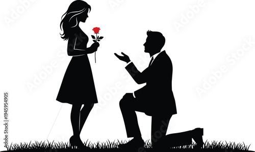 MobilBlack silhouette of a man kneeling to propose to a woman holding a red rose on grass for romantic engagement.e