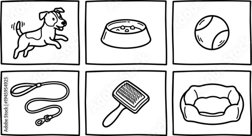 Simple black line art icons of playful dog jumping food bowl tennis ball leash brush and dog bed in minimal vector style
