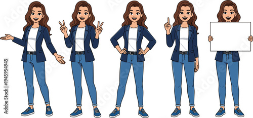 Young professional woman character set in various poses wearing navy blue blazer white t-shirt and jeans holding blank placard isolated on white background.
