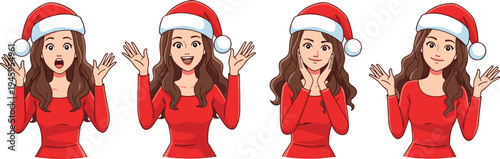 Young woman character set wearing Santa hat and red top with various happy and surprised expressions isolated on white background flat vector illustration