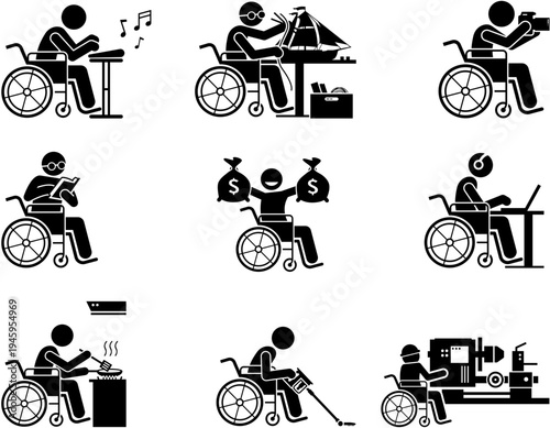 Stick figures in wheelchairs performing diverse hobbies, work, and daily activities, illustrating ability and inclusion.