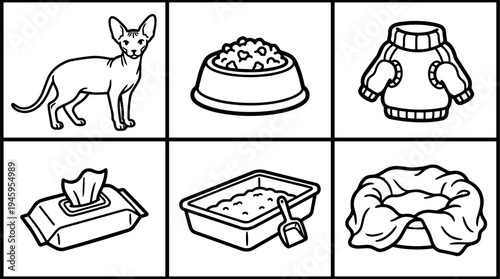 Line art set of hairless cat with food bowl sweater tissue pack litter box and soft pet bed illustrated in black and white vector style
