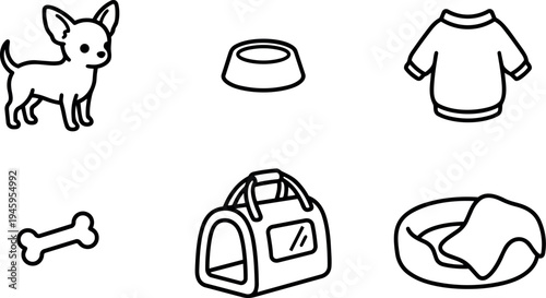 Simple line art vector icons of small dog puppy bowl bone shirt carrier and blanket bedding set in minimalist style
