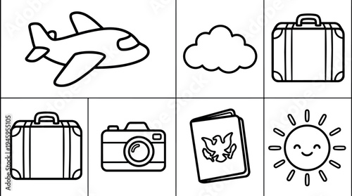 Minimalist vector icons set airplane cloud suitcase camera passport smiling sun travel theme simple line art design