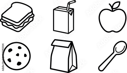 Black outline icons of sandwich juice box apple cookie paper bag and spoon isolated on white background simple vector line art set