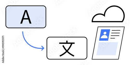 Language translation. Diagram showing text translation from one language to another with cloud integration. Language translation supports communication, global connectivity, cloud storage, and app