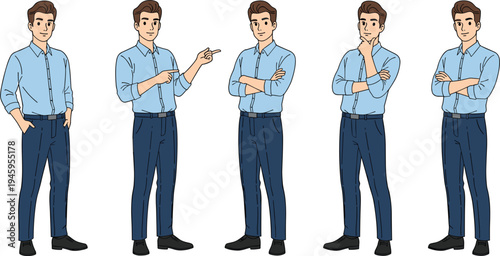 Handsome young businessman character set wearing light blue shirt and dark trousers in various poses including pointing thinking and standing isolated on white background.
