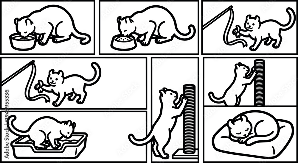 Fototapeta premium Line art vector set of playful cat drinking eating playing with toy scratching post climbing and sleeping on pillow in simple style