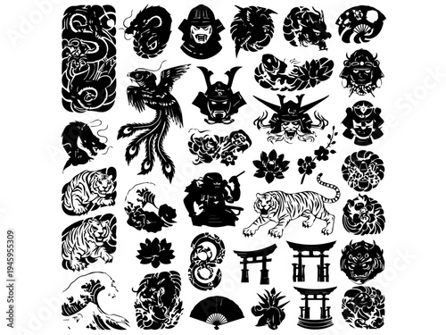 Collection of traditional Japanese-style black and white illustrations featuring dragons, phoenixes, samurai, tigers, flowers, and torii gates, suitable for graphic design or tattoo art.