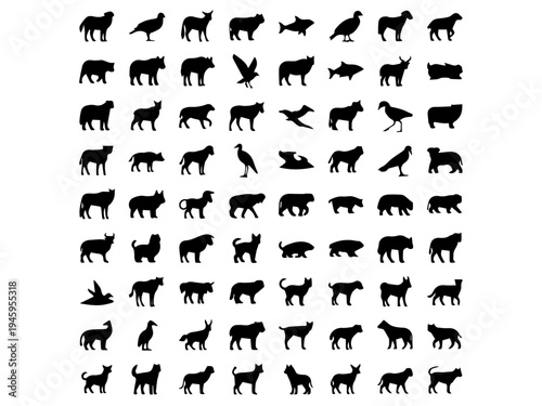 A comprehensive collection of animal silhouettes showcasing diverse species in a grid layout.