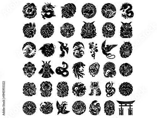 A collection of black and white Japanese-style circular crests and emblems featuring various animals, mythical creatures, and cultural symbols.