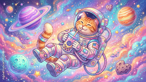 Cat wearing astronaut suit floating in space while drinking bubble tea