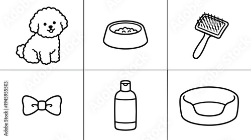 Cute sitting dog with pet food bowl brush bow tie shampoo bottle and dog bed simple line art set