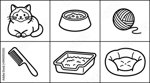 Black and white line art set including cat lying down food bowl yarn ball comb litter box and soft pet bed icons collection