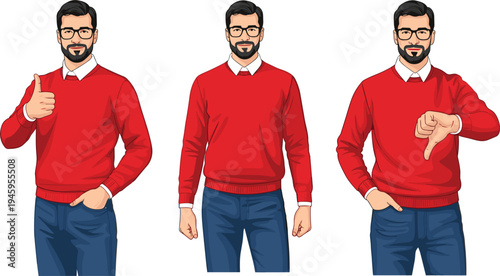 Handsome young man character set showing thumbs up and thumbs down gestures wearing red sweater and glasses isolated on white background for feedback and reviews.