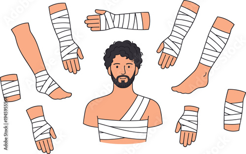 Injury bandage body parts set, medical first aid illustration with wrapped arm leg hand and chest, healthcare accident treatment vector collection