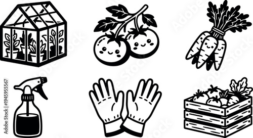 Cute smiling tomatoes carrots gardening gloves spray bottle greenhouse and wooden crate flat design icons collection