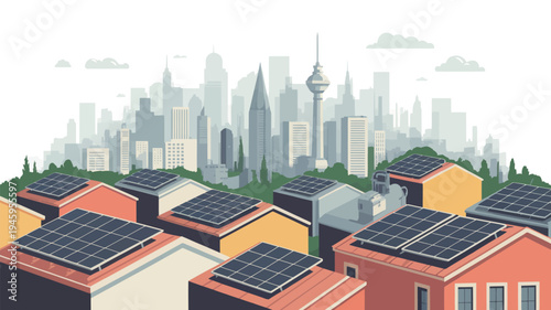 Solar Powered Smart City Skyline with Rooftop Panels and Renewable Energy Urban Concept