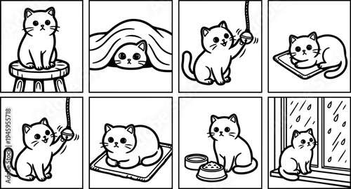 Black and white line art collection of playful kitten sitting hiding playing resting eating looking out window in simple vector style