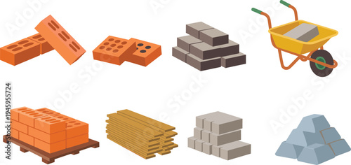 Construction materials set illustration, bricks, concrete blocks, wooden planks, stones and wheelbarrow with cement, building supplies collection for construction industry vector