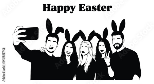 Happy Easter vector graphic illustration featuring friends wearing bunny ears taking a joyful selfie