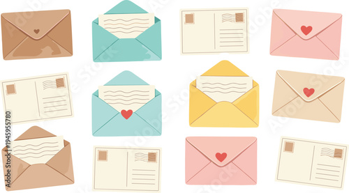 Love letter envelope icons set, romantic mail illustration collection, open and closed envelopes with heart symbol, postal message card vector design