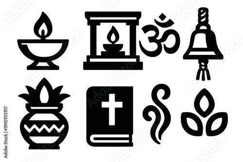 Devotion Icon Set. Cultural Devotion silhouette set: temple lamp, altar, sacred symbol, bell rope, ceremonial pot, holy book, smoke swirl, flower petals