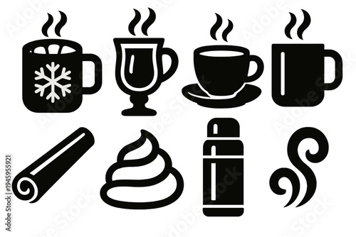 Warm Beverage Icons. Warm Winter Beverages silhouette set: hot cocoa mug, mulled wine glass, tea cup, coffee mug, cinnamon stick, whipped cream topping, thermos, steam swirl