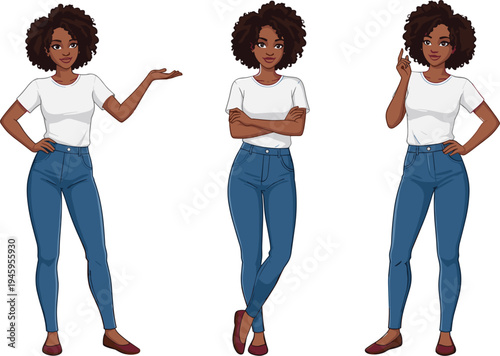 African American woman character set wearing white t-shirt and blue jeans gesturing and standing with crossed arms isolated on white background flat vector illustration