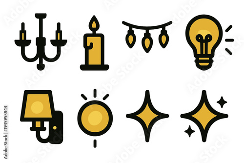 Elegant Lighting Icons. Elegant Lighting Decor silhouette set: chandelier, candlelight, fairy string, glowing lamp, wall sconce, reflection glow, soft sparkle, golden hue