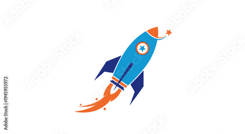 Blue rocket blasting off with orange flames and a star trail, isolated on white