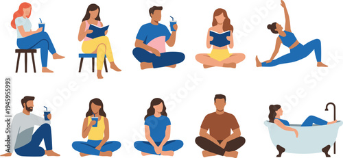 People relaxing at home activities set, reading books, drinking coffee, yoga stretching and bathing illustration, lifestyle leisure routine, daily life vector collection