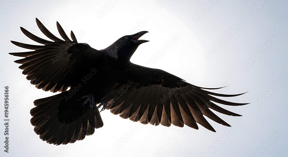 Obraz premium A black crow in flight wings spread wide silhouetted against a bright sky on transparent