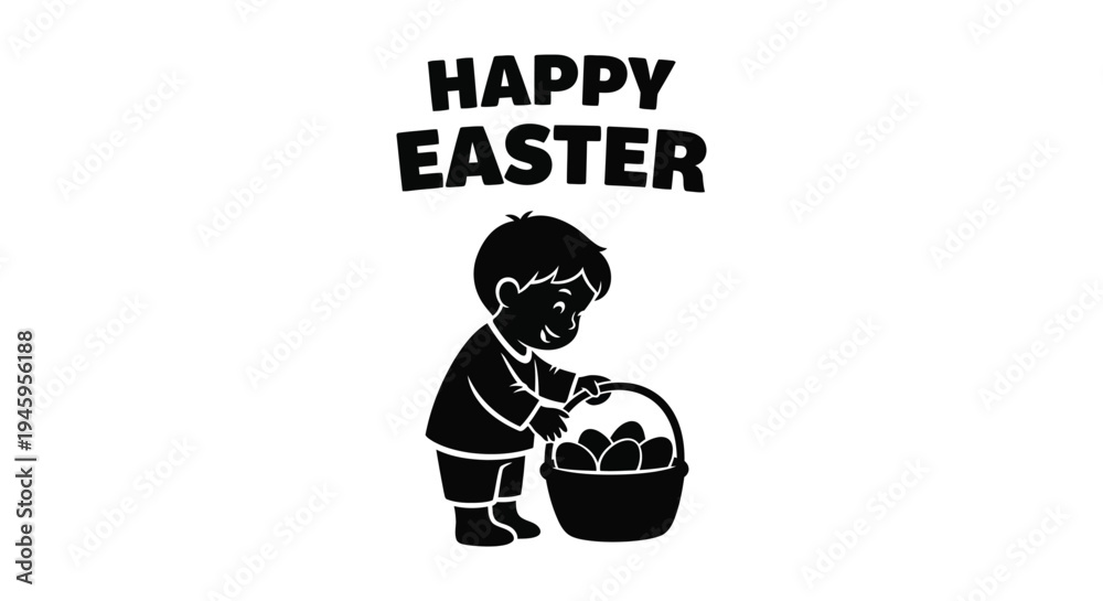 Naklejka premium Vector graphic illustration of a happy young boy collecting chocolate eggs during an Easter hunt celebration