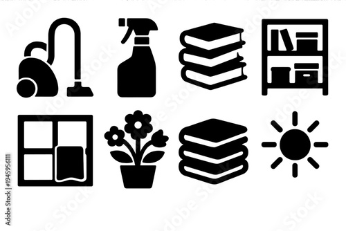 Home Renewal Icons. Home Renewal silhouette set: vacuum cleaner, cleaning spray, stacked books, organized shelf, window cloth, blooming plant, folded linens, bright sunlight