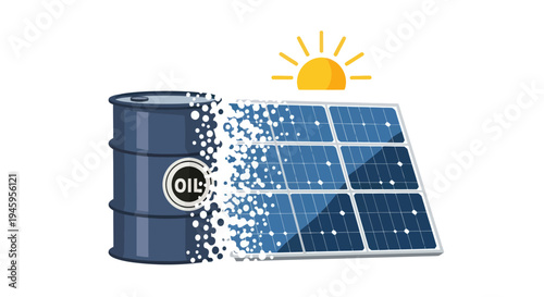Oil barrel dissolving into solar panel, renewable energy transition concept