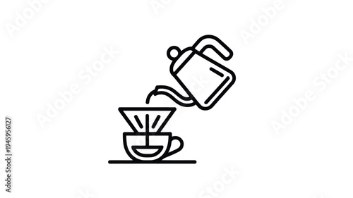 Coffee Brewing Process Line Art Illustration with Kettle, Cup and Drip Coffee Preparation