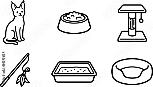 Minimalist black line vector collection of cat care icons including sitting cat food bowl scratching post feather toy litter box and pet bed