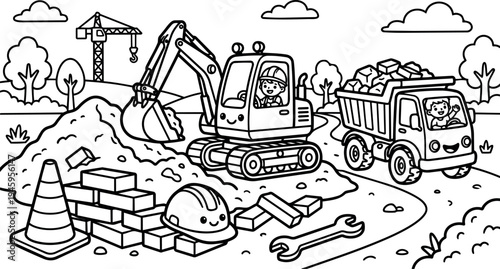 Cute construction site with smiling kids operating excavator and dump truck surrounded by bricks helmet wrench and traffic cone illustration